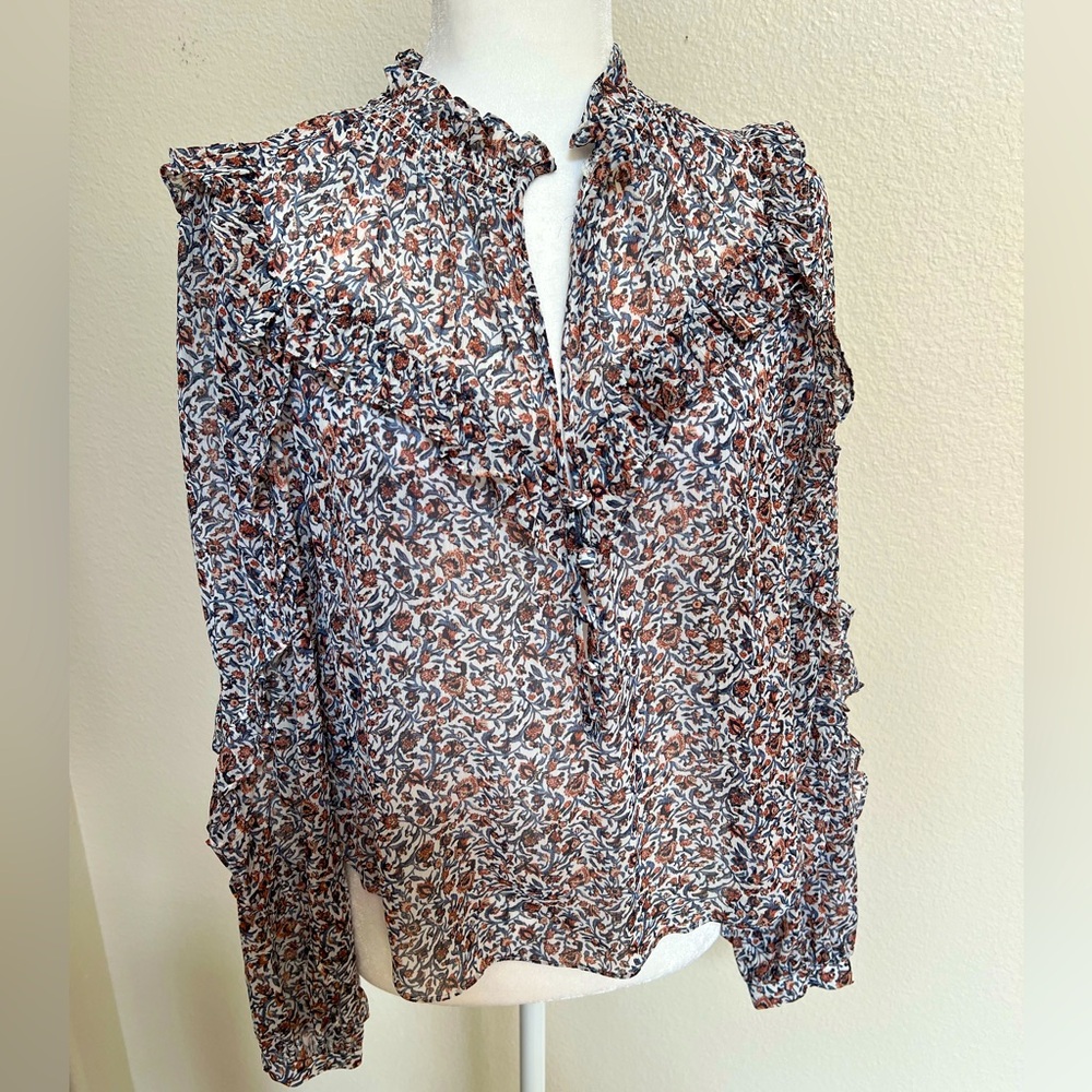Veronica Beard sz 2 floral abra ruffle semi sheer l/s blouse multi color